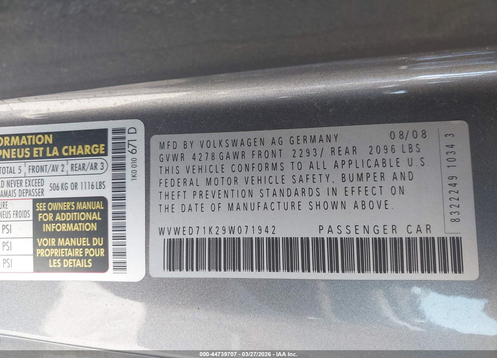 2009 VOLKSWAGEN GTI 2-DOOR VIN: WVWED71K29W071942
