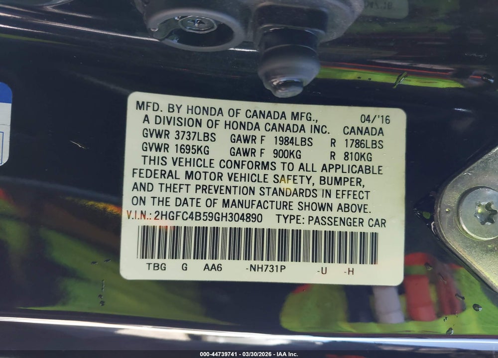 2016 HONDA CIVIC LX VIN: 2HGFC4B59GH304890