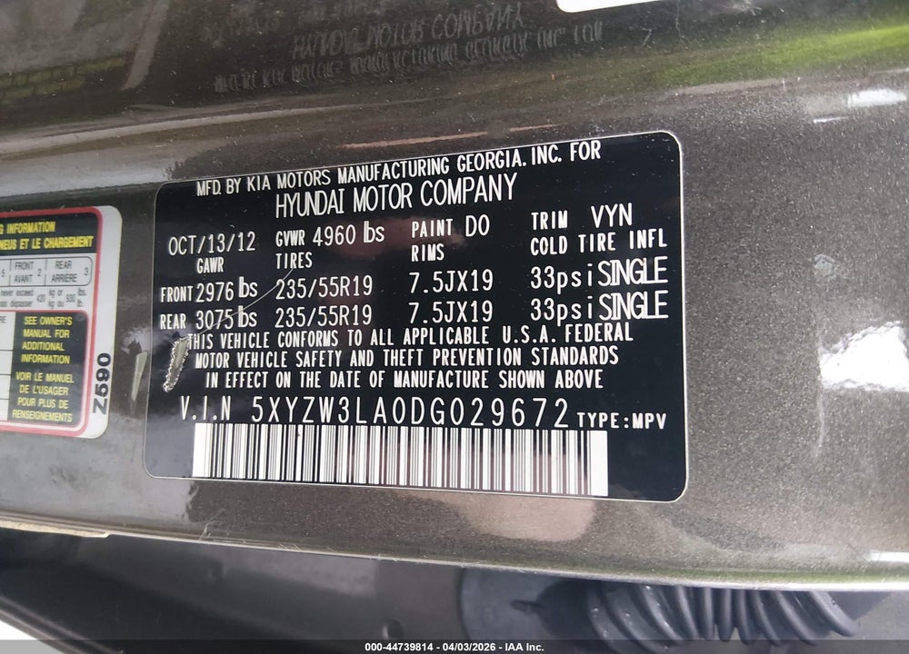 2013 HYUNDAI SANTA FE SPORT 2.0T VIN: 5XYZW3LA0DG029672