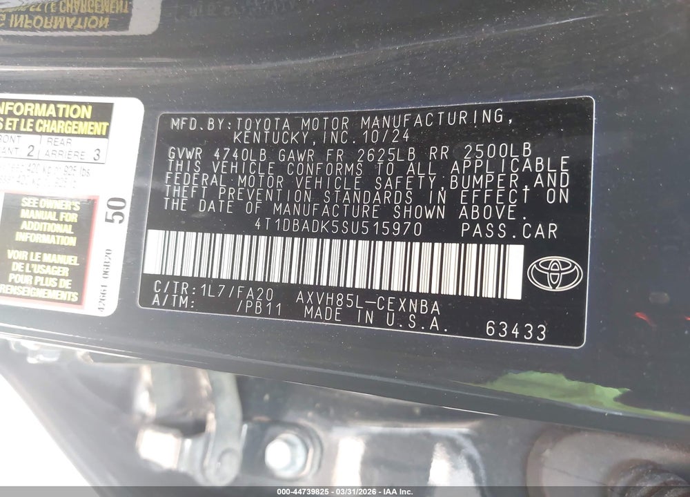 2025 TOYOTA CAMRY LE VIN: 4T1DBADK5SU515970