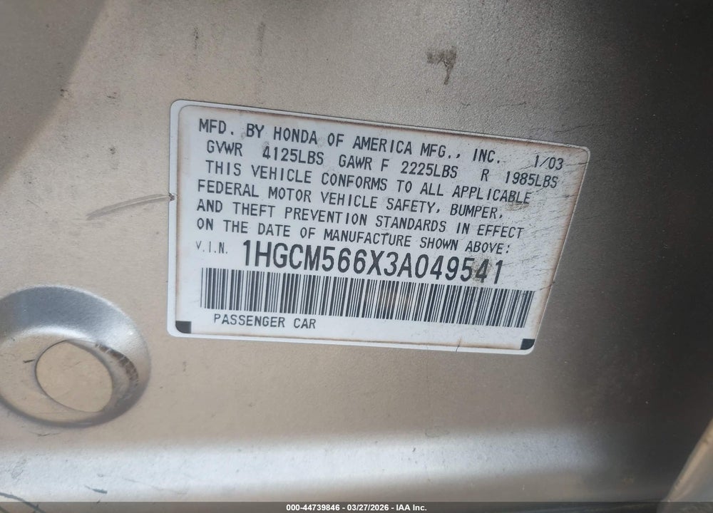 2003 HONDA ACCORD 2.4 EX VIN: 1HGCM566X3A049541