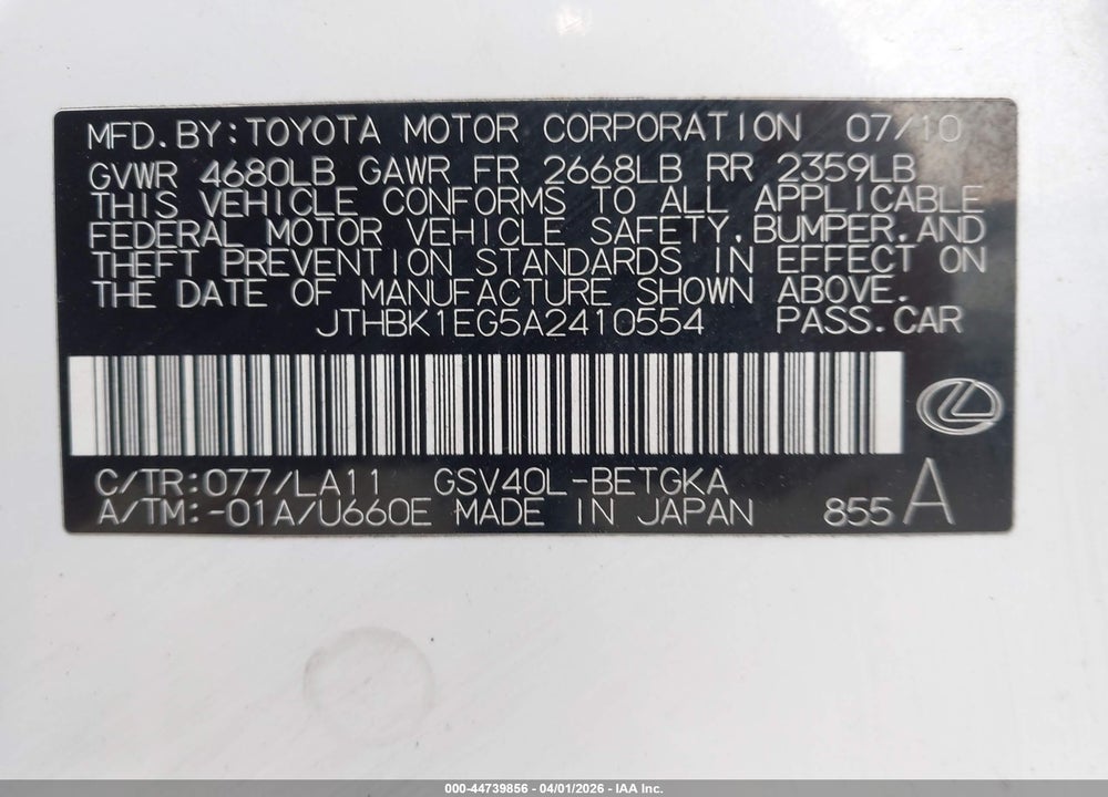 2010 LEXUS ES 350 VIN: JTHBK1EG5A2410554