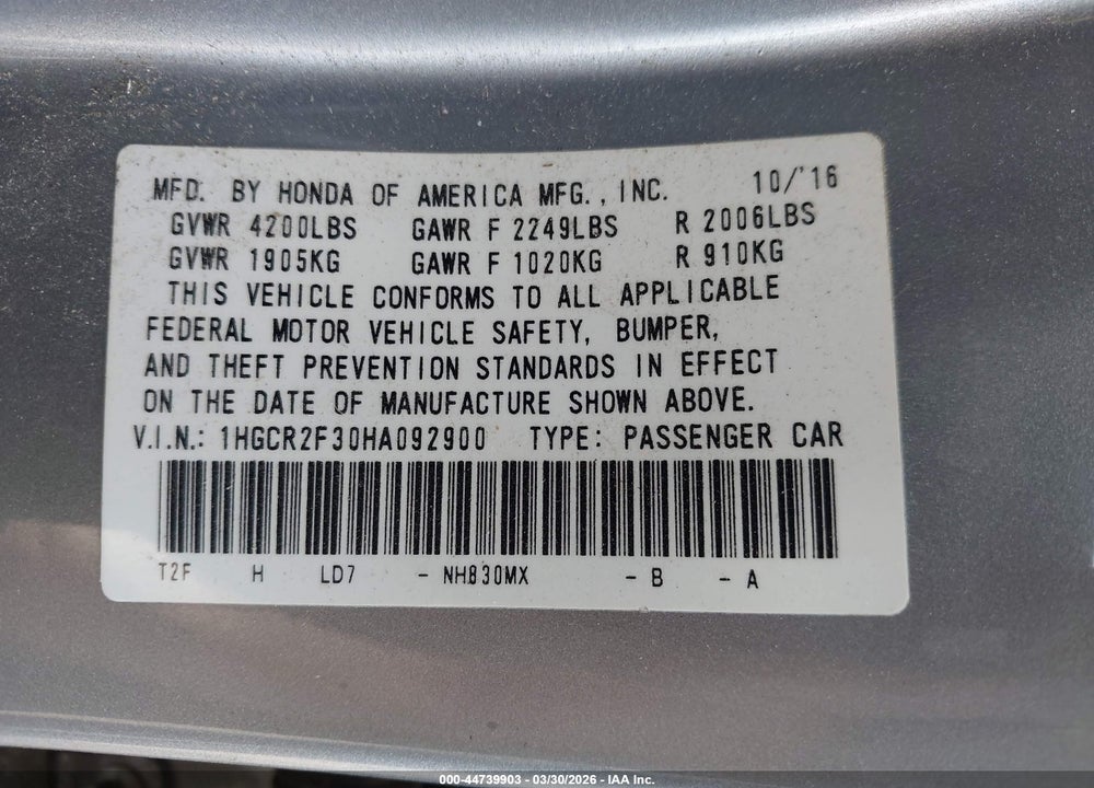 2017 HONDA ACCORD LX VIN: 1HGCR2F30HA092900