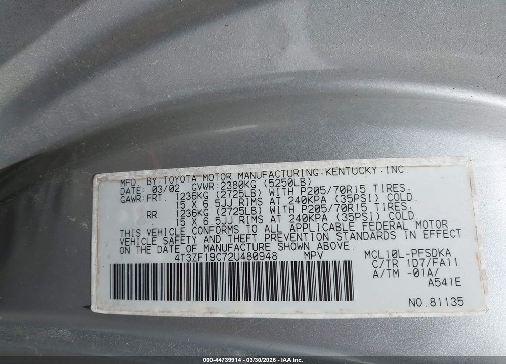 2002 TOYOTA SIENNA CE VIN: 4T3ZF19C72U480948
