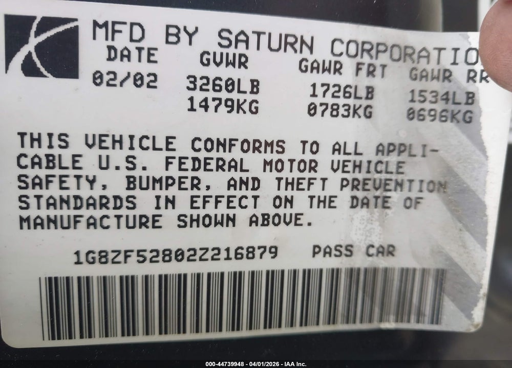 2002 SATURN S-SERIES SL VIN: 1G8ZF52802Z216879