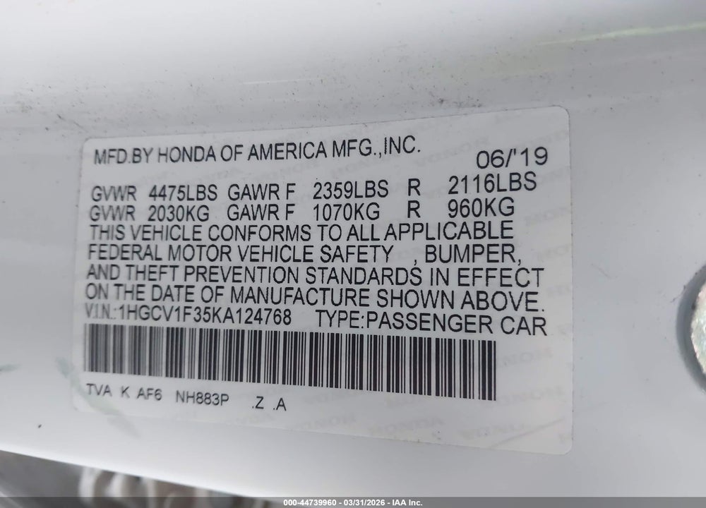 2019 HONDA ACCORD SPORT VIN: 1HGCV1F35KA124768