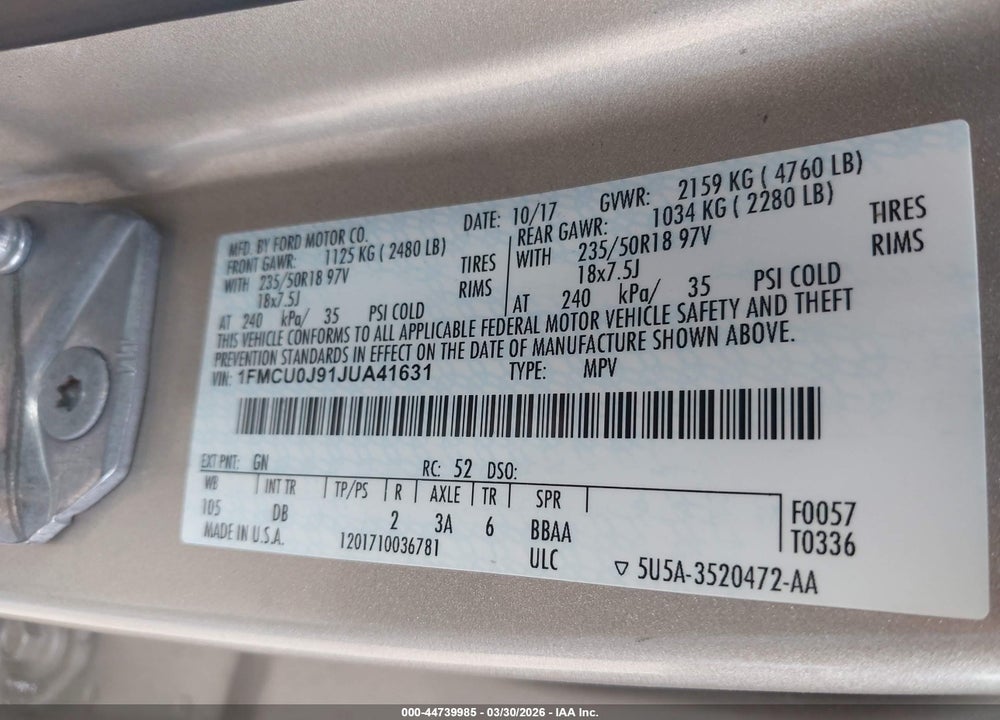 2018 FORD ESCAPE TITANIUM VIN: 1FMCU0J91JUA41631