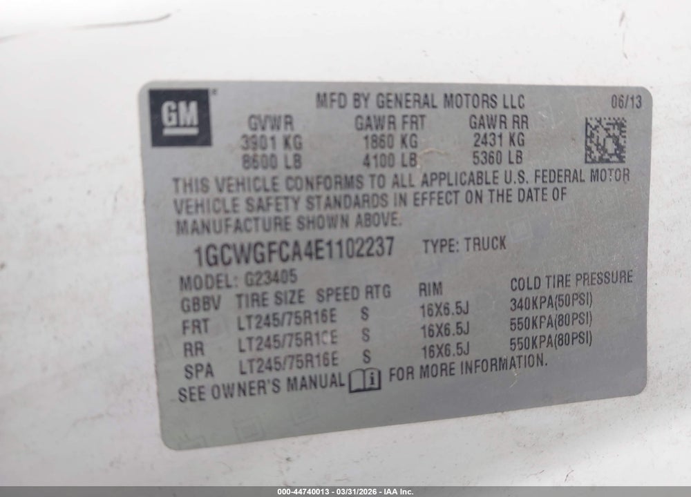 2014 CHEVROLET EXPRESS 2500 WORK VAN VIN: 1GCWGFCA4E1102237