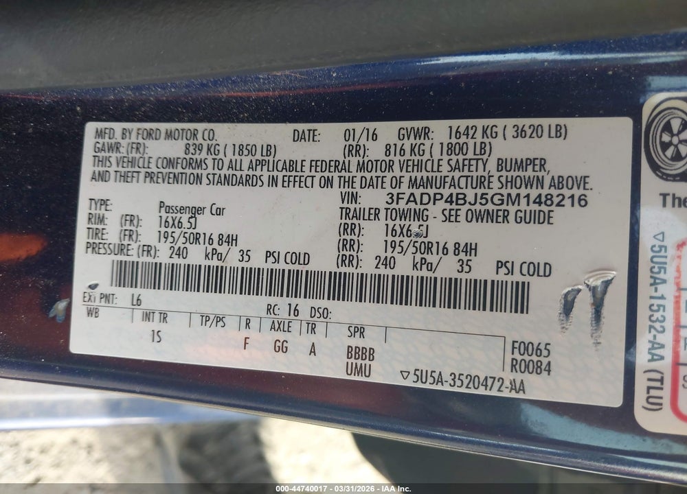 2016 FORD FIESTA SE VIN: 3FADP4BJ5GM148216