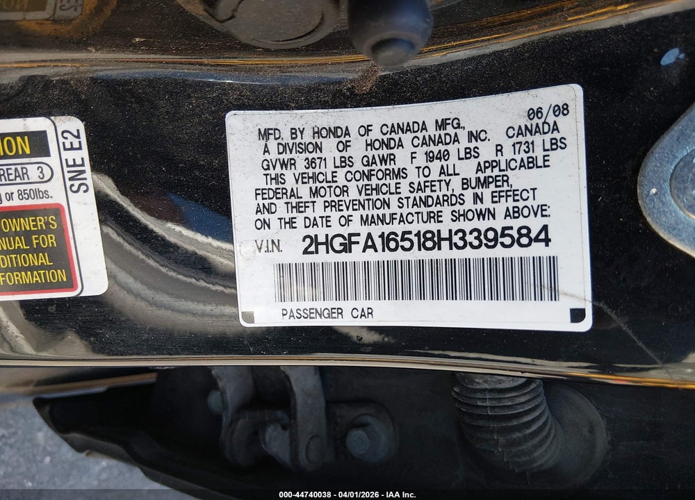 2008 HONDA CIVIC LX VIN: 2HGFA16518H339584