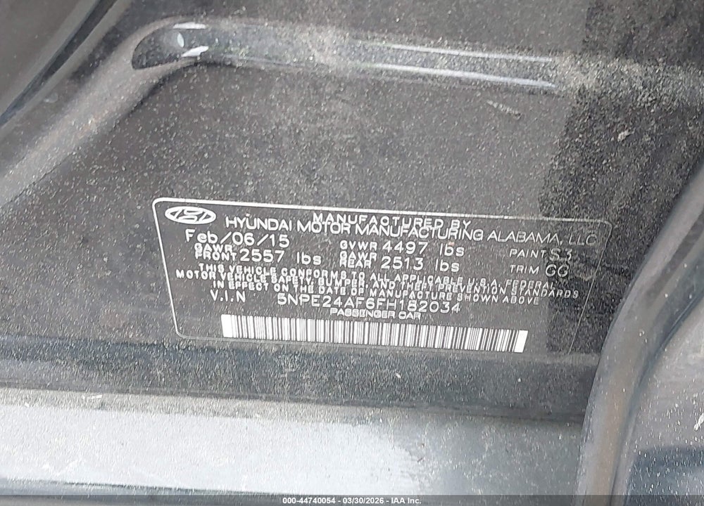 2015 HYUNDAI SONATA SE VIN: 5NPE24AF6FH182034