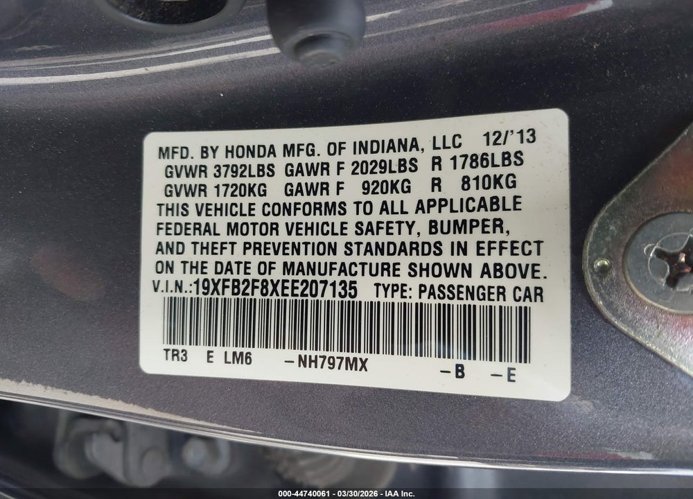2014 HONDA CIVIC EX VIN: 19XFB2F8XEE207135
