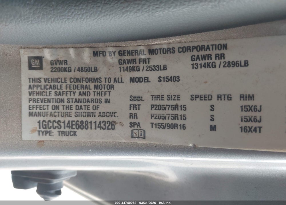 2008 CHEVROLET COLORADO WORK TRUCK VIN: 1GCCS14E688114326