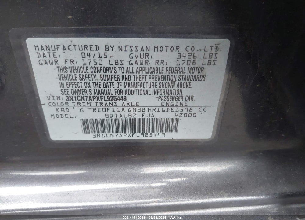 2015 NISSAN VERSA 1.6 SV VIN: 3N1CN7APXFL925449