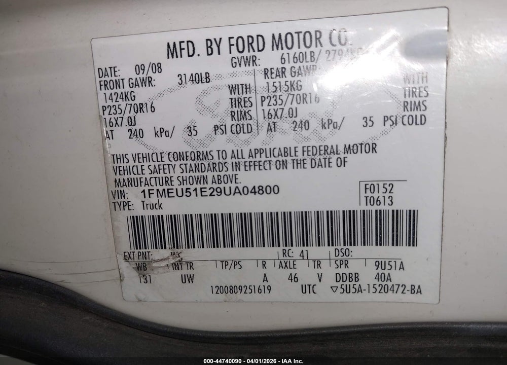 2009 FORD EXPLORER SPORT TRAC XLT VIN: 1FMEU51E29UA04800