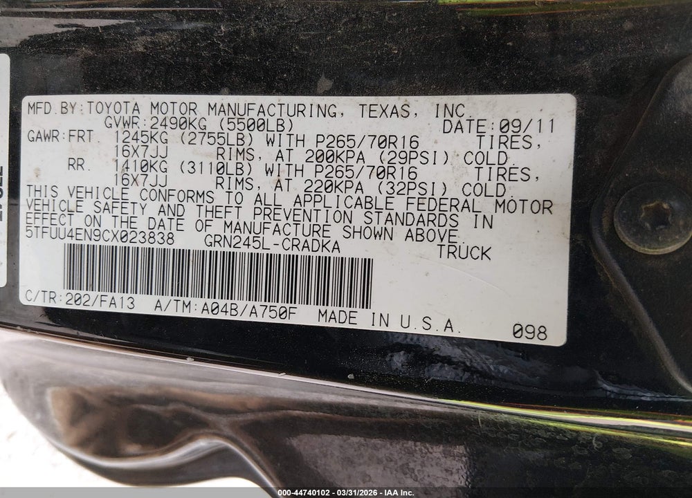 2012 TOYOTA TACOMA BASE V6 VIN: 5TFUU4EN9CX023838