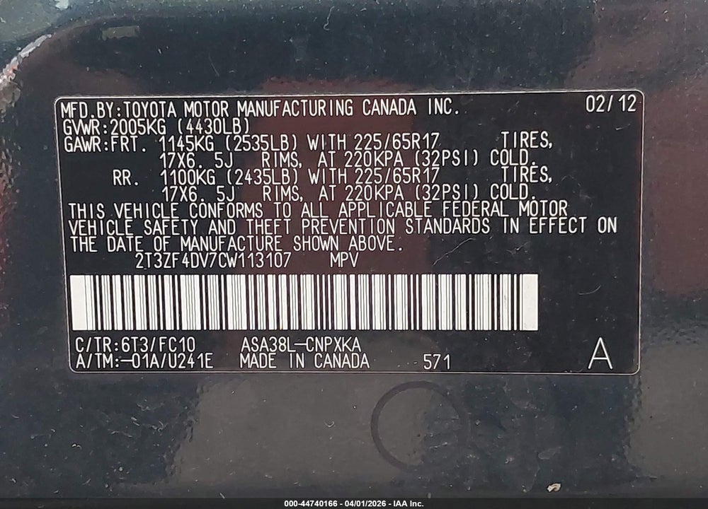 2012 TOYOTA RAV4 VIN: 2T3ZF4DV7CW113107