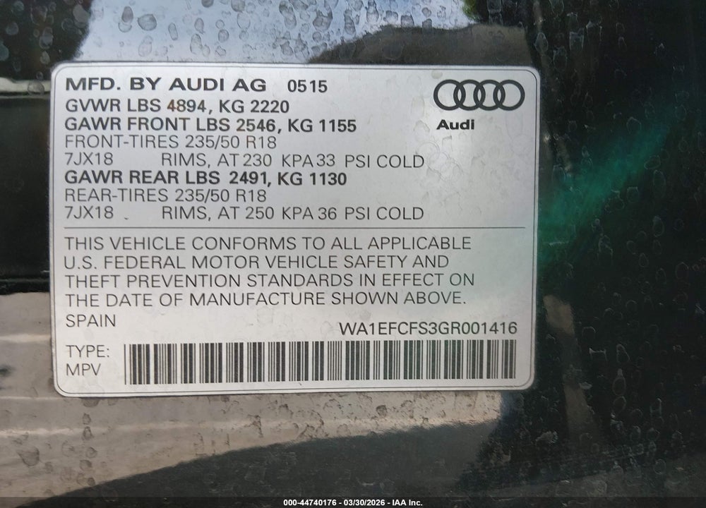 2016 AUDI Q3 2.0T PREMIUM PLUS VIN: WA1EFCFS3GR001416
