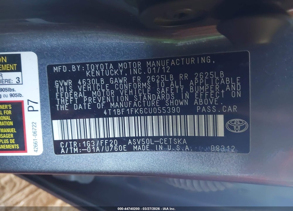 2012 TOYOTA CAMRY SE VIN: 4T1BF1FK6CU055390