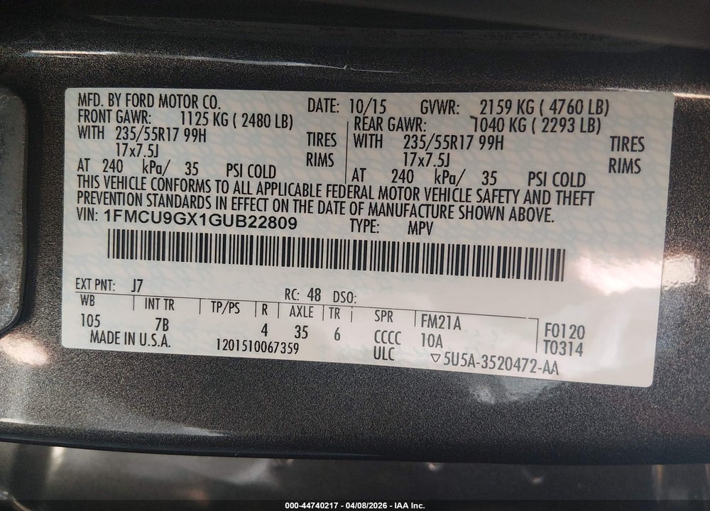 2016 FORD ESCAPE SE VIN: 1FMCU9GX1GUB22809