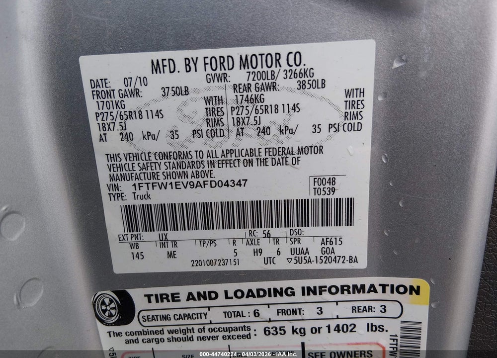 2010 FORD F-150 FX4/HARLEY-DAVIDSON/KING RANCH/LARIAT/PLATINUM/XL/XLT VIN: 1FTFW1EV9AFD04347