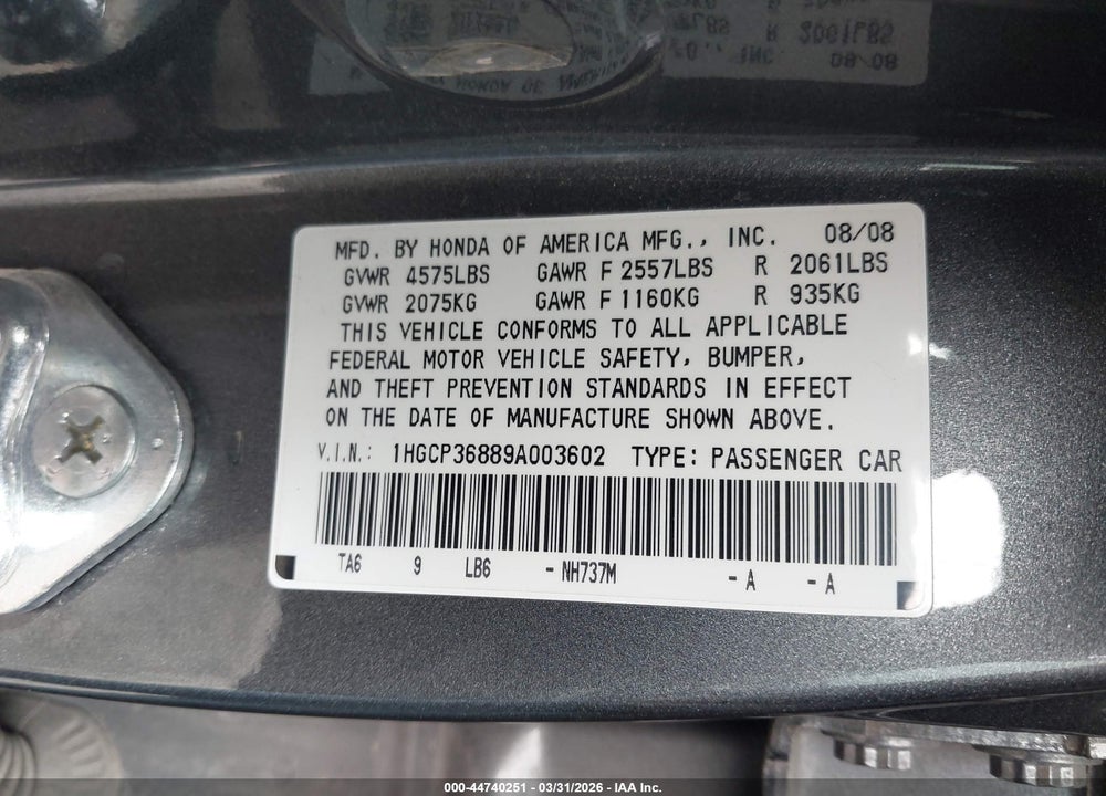 2009 HONDA ACCORD 3.5 EX-L VIN: 1HGCP36889A003602