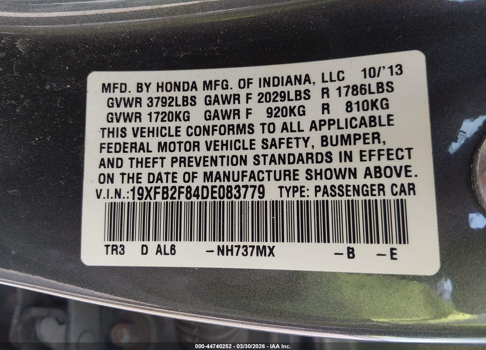2013 HONDA CIVIC EX VIN: 19XFB2F84DE083779