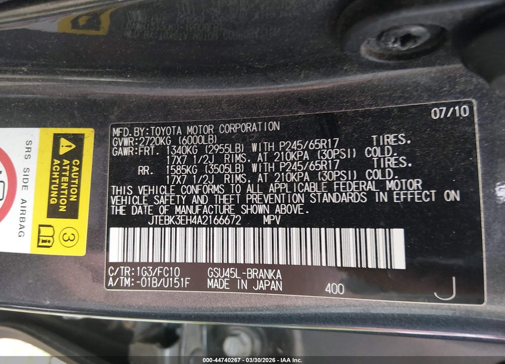 2010 TOYOTA HIGHLANDER BASE V6 VIN: JTEBK3EH4A2166672