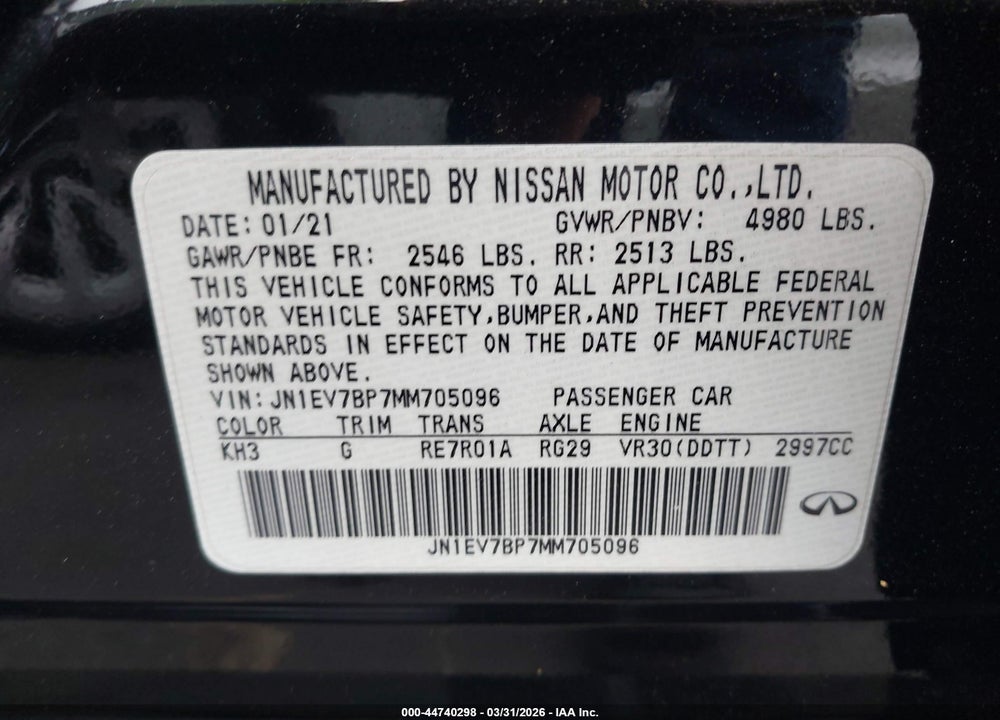2021 INFINITI Q50 VIN: JN1EV7BP7MM705096