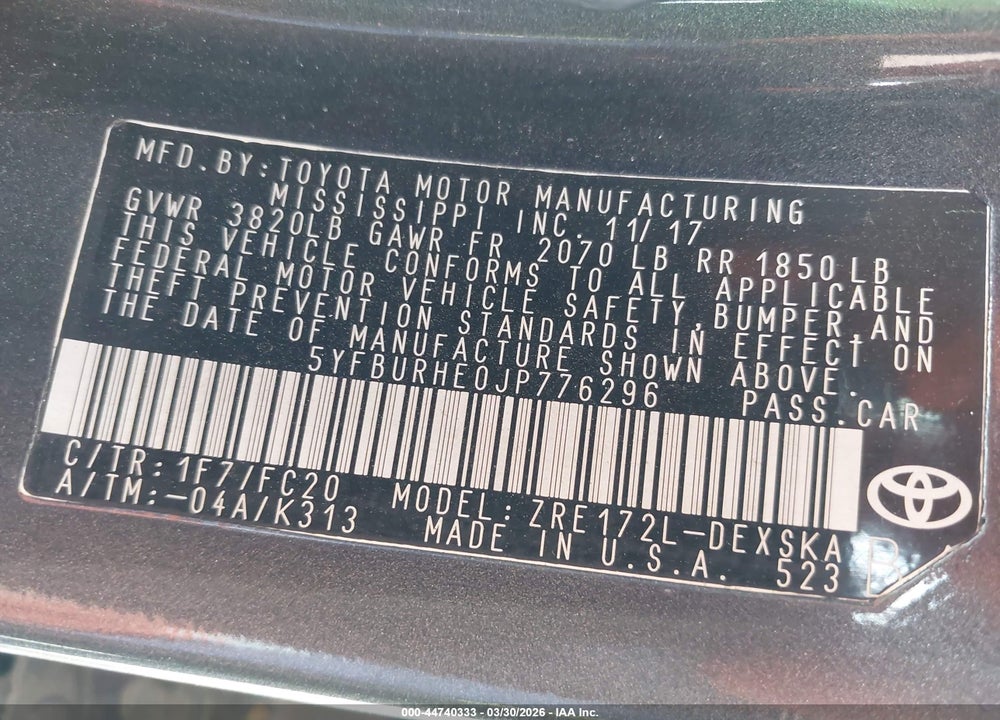 2018 TOYOTA COROLLA SE VIN: 5YFBURHE0JP776296