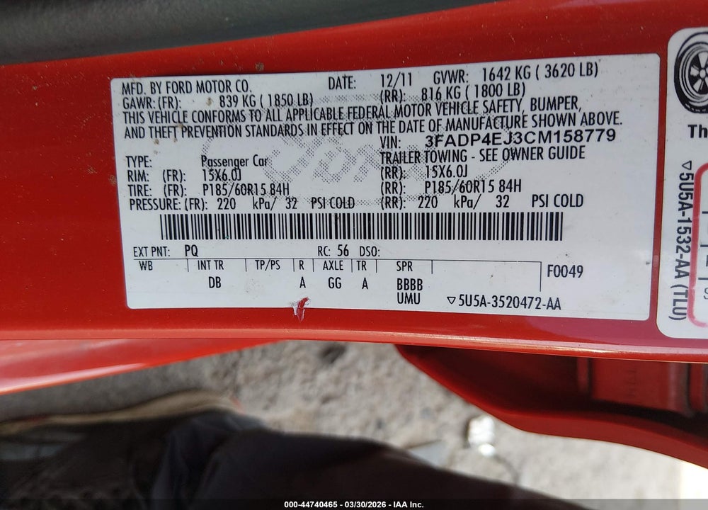 2012 FORD FIESTA SE VIN: 3FADP4EJ3CM158779