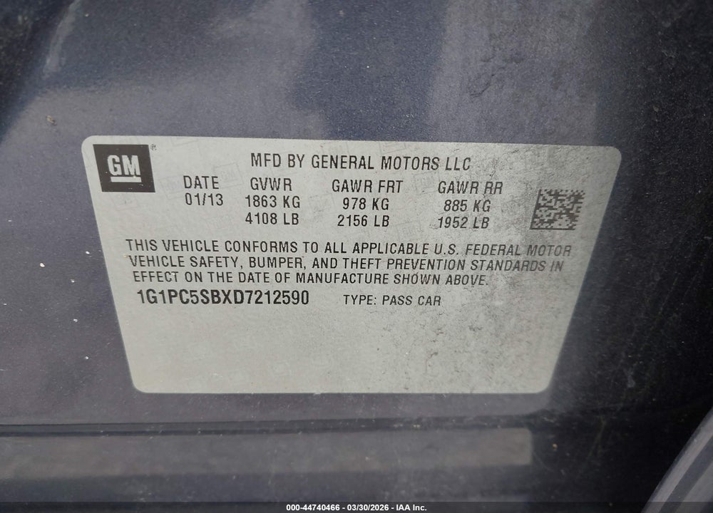 2013 CHEVROLET CRUZE 1LT AUTO VIN: 1G1PC5SBXD7212590