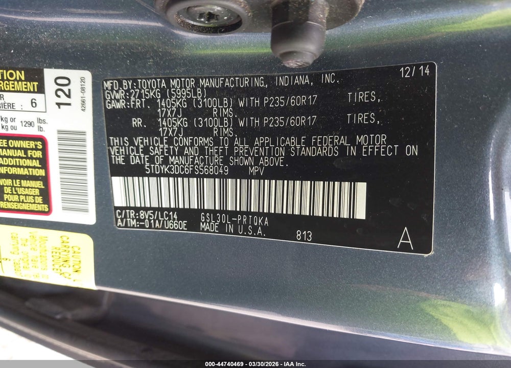 2015 TOYOTA SIENNA XLE 8 PASSENGER VIN: 5TDYK3DC6FS568049