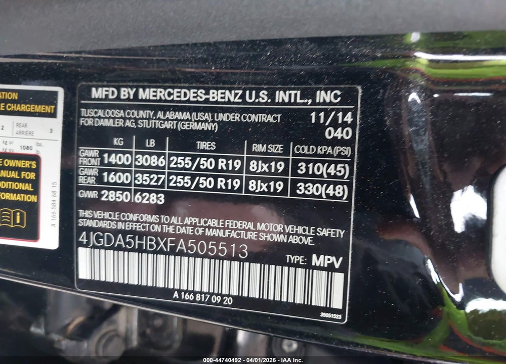 2015 MERCEDES-BENZ ML 350 4MATIC VIN: 4JGDA5HBXFA505513