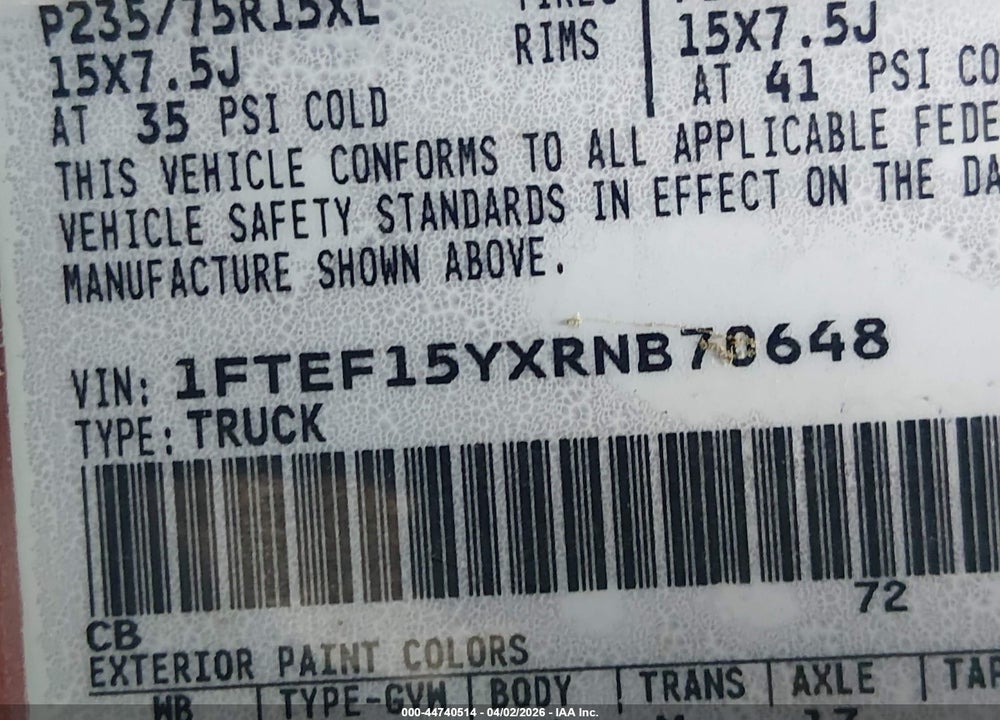 1994 FORD F150 VIN: 1FTEF15YXRNB70648