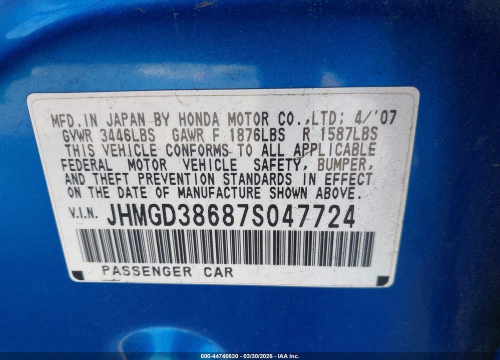 2007 HONDA FIT SPORT VIN: JHMGD38687S047724