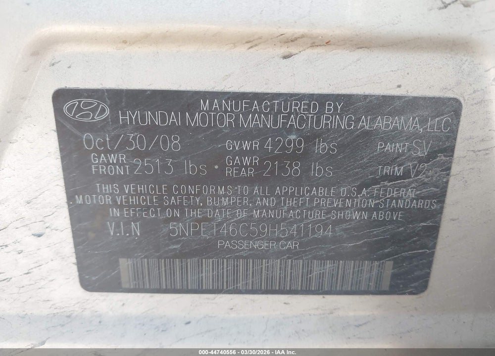 2009 HYUNDAI SONATA GLS VIN: 5NPET46C59H541194