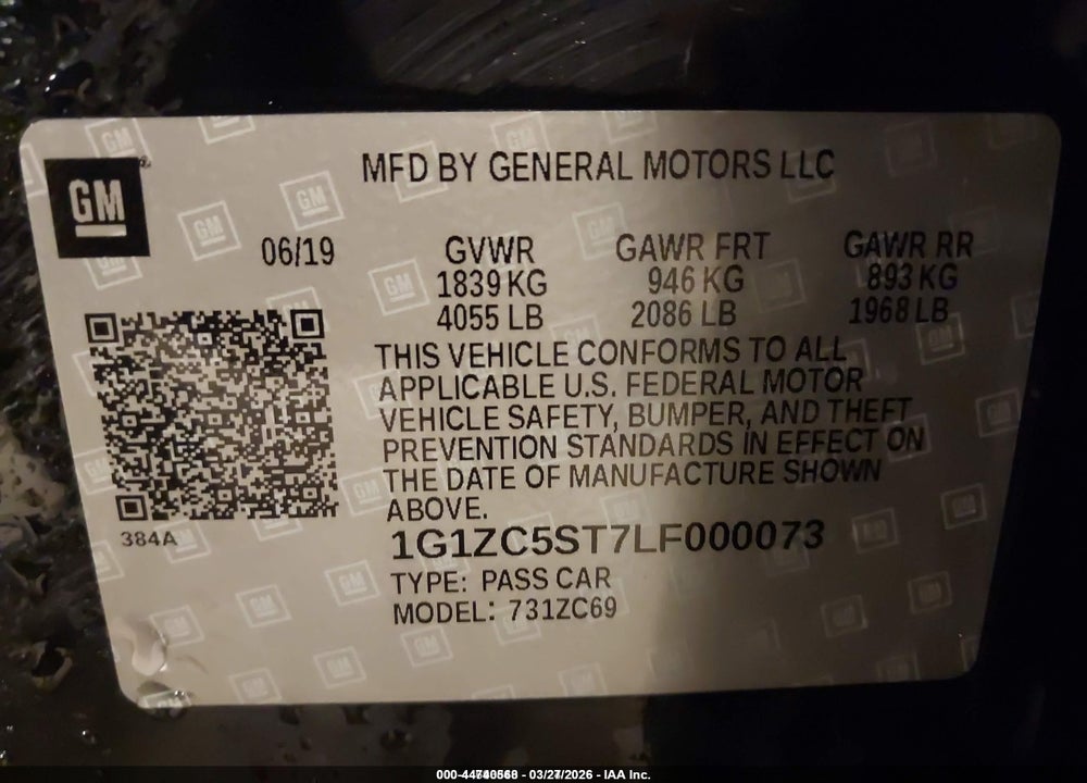 2020 CHEVROLET MALIBU FWD 1FL VIN: 1G1ZC5ST7LF000073