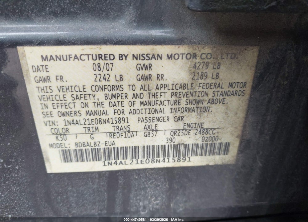 2008 NISSAN ALTIMA 2.5 S VIN: 1N4AL21E08N415891