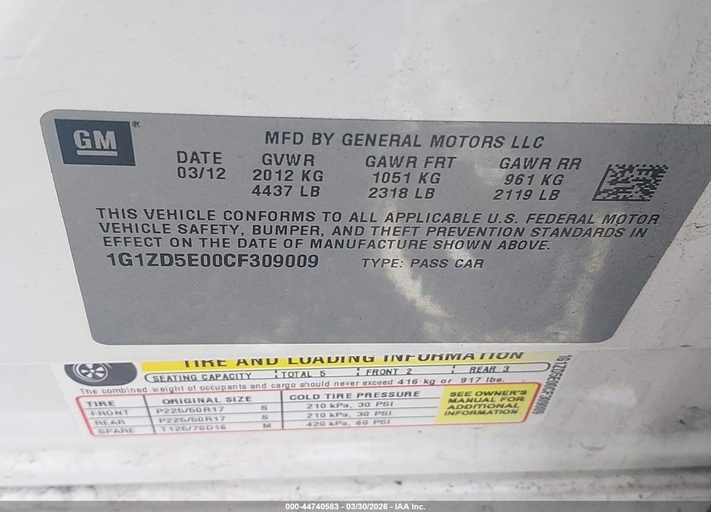 2012 CHEVROLET MALIBU 2LT VIN: 1G1ZD5E00CF309009