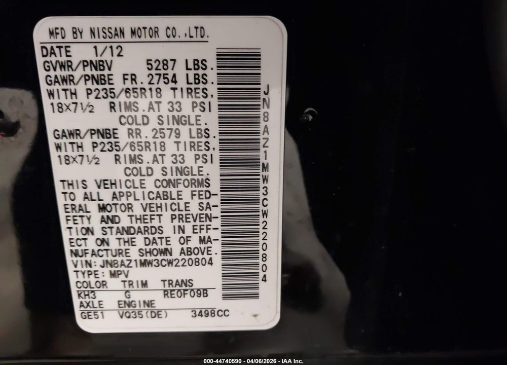 2012 NISSAN MURANO S VIN: JN8AZ1MW3CW220804