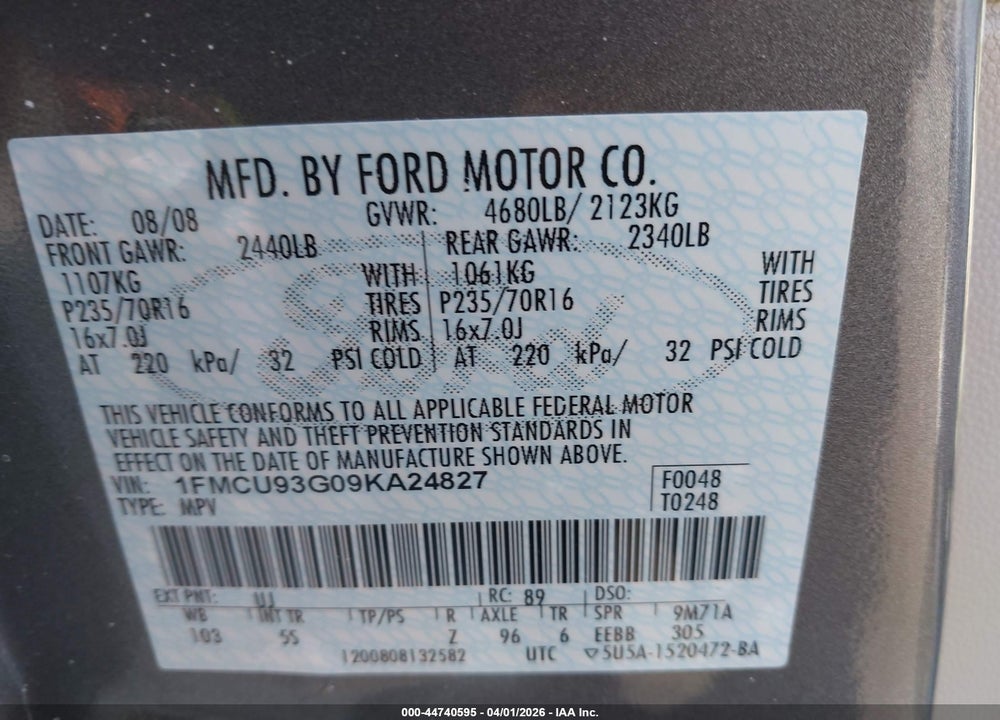 2009 FORD ESCAPE XLT VIN: 1FMCU93G09KA24827