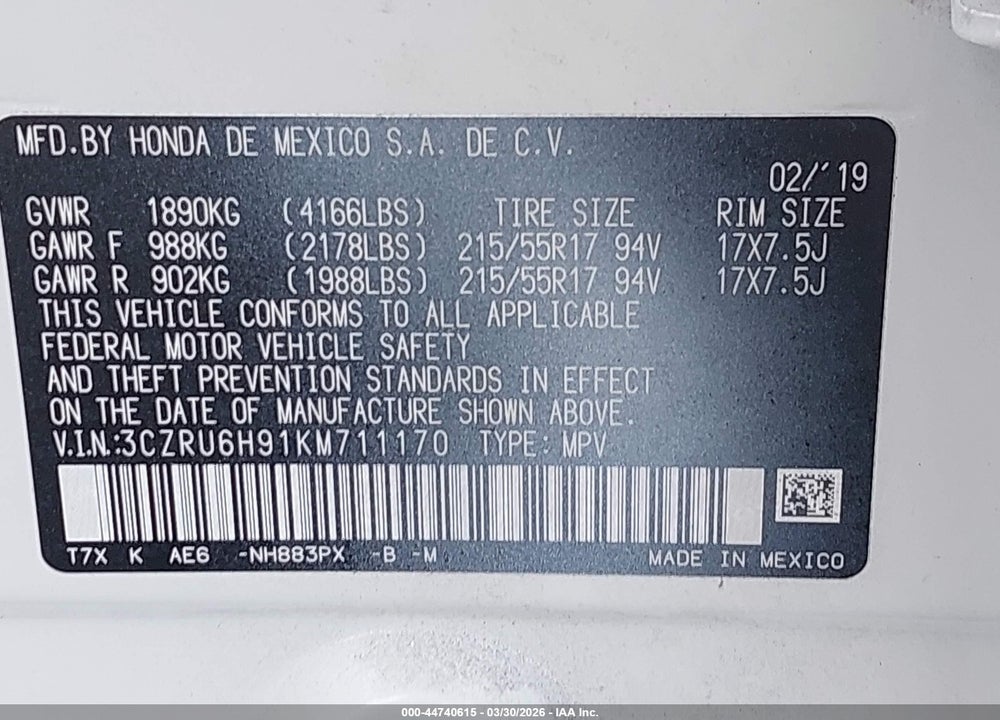 2019 HONDA HR-V TOURING VIN: 3CZRU6H91KM711170