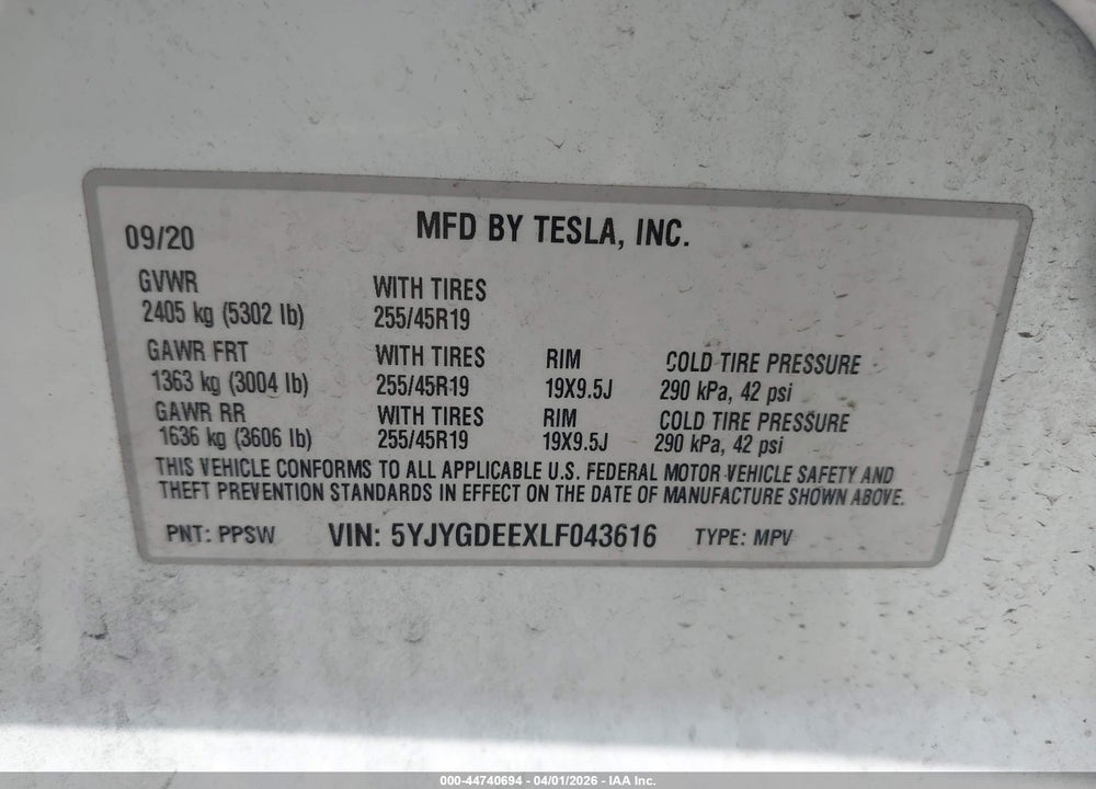 2020 TESLA MODEL Y LONG RANGE DUAL MOTOR ALL-WHEEL DRIVE VIN: 5YJYGDEEXLF043616
