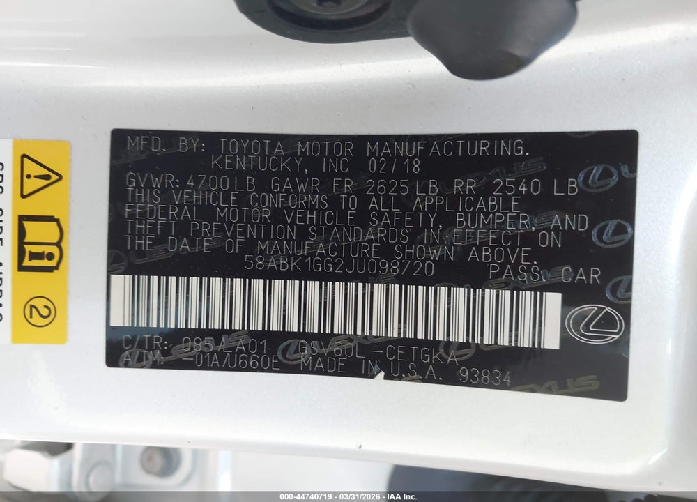 2018 LEXUS ES 350 VIN: 58ABK1GG2JU098720