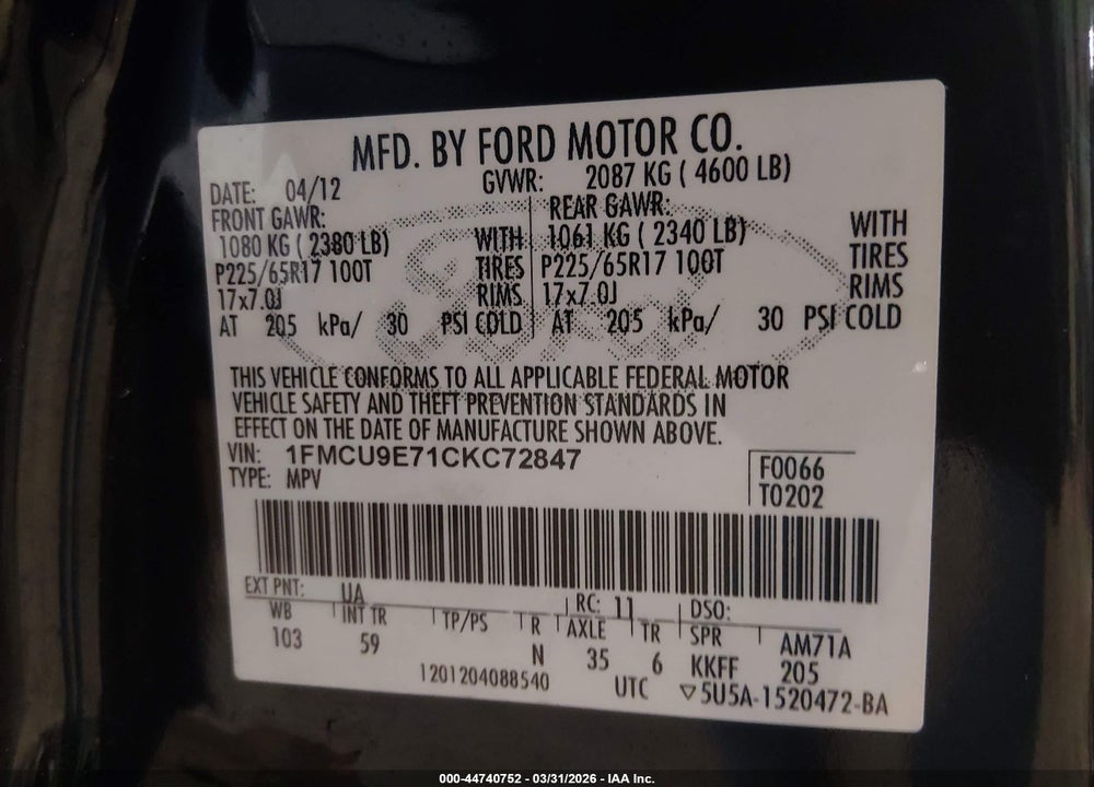 2012 FORD ESCAPE LIMITED VIN: 1FMCU9E71CKC72847