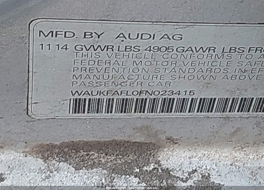 2015 AUDI A4 2.0T PREMIUM VIN: WAUKFAFL0FN023415