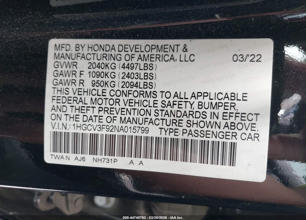 2022 HONDA ACCORD HYBRID TOURING VIN: 1HGCV3F92NA015799