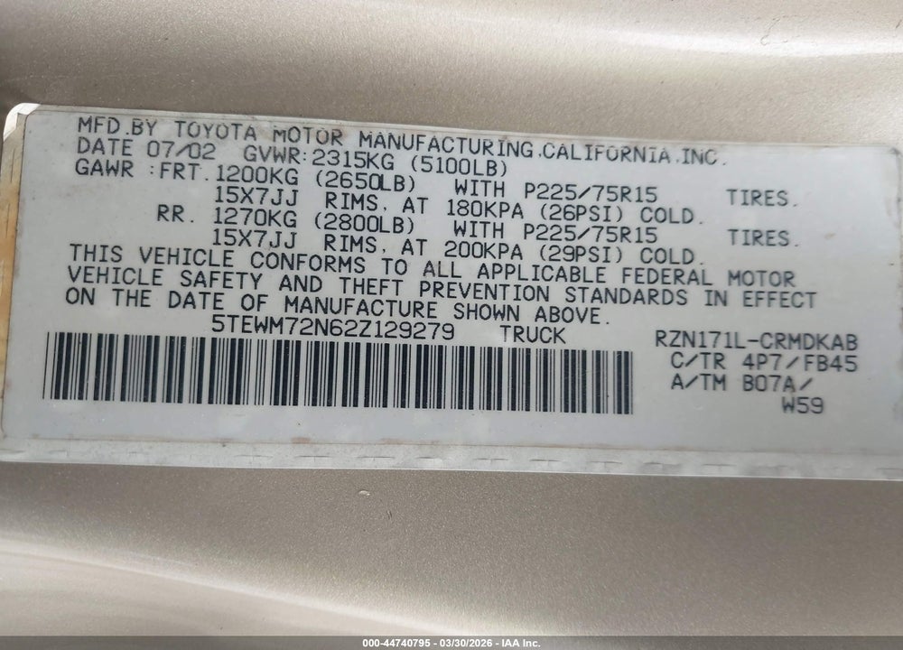 2002 TOYOTA TACOMA VIN: 5TEWM72N62Z129279