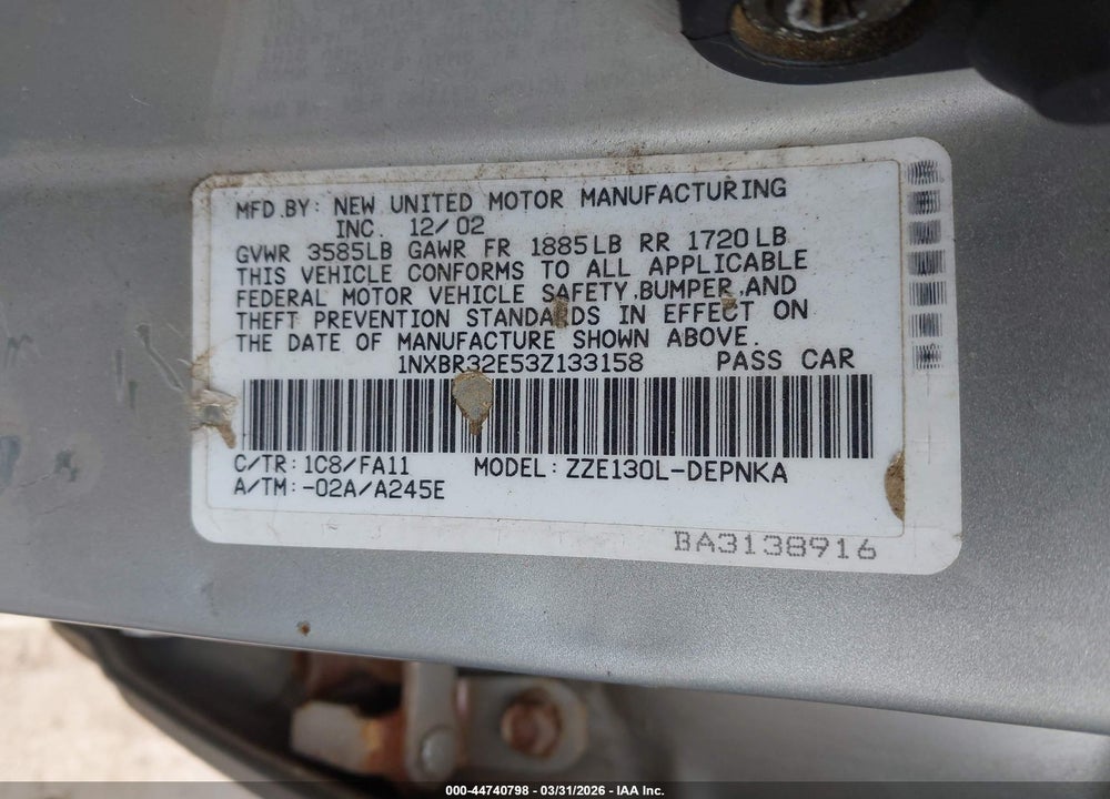 2003 TOYOTA COROLLA LE VIN: 1NXBR32E53Z133158